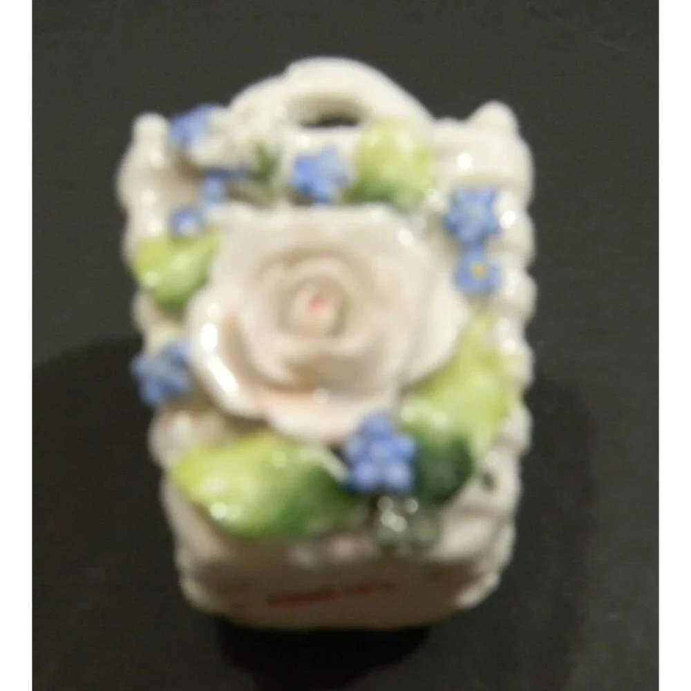 Vintage Mini Porcelain Basket Made In Germany Roses Blue Flowers